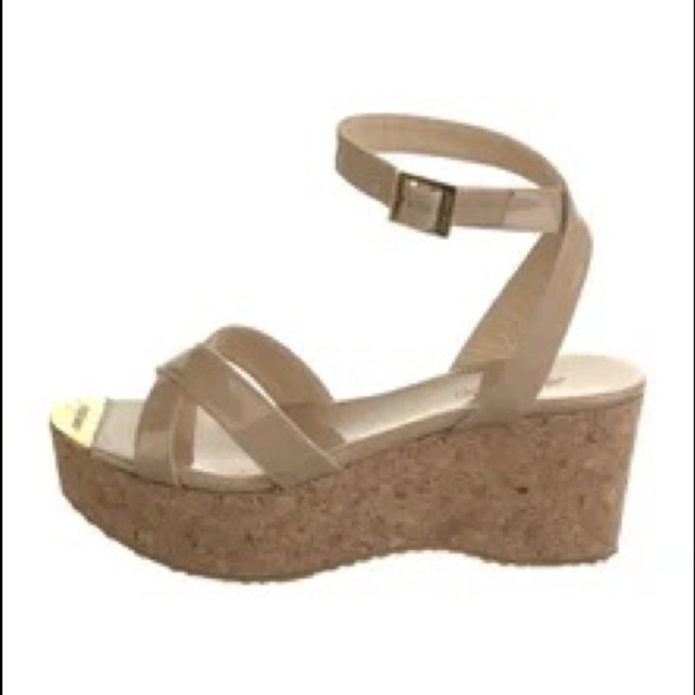 Jimmy Choo Patent Leather Nude Wedge Sandal Size 37